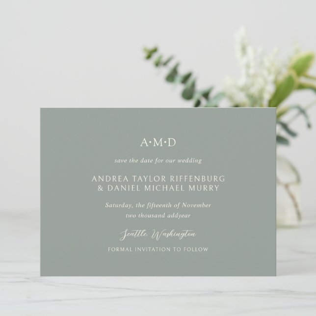 Andrea Sage Green Elegant Wedding Save The Date (Stehend Vorderseite)