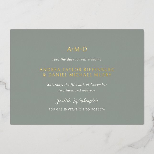 Andrea Sage Green Elegant Wedding Save the Date Folieneinladung (Vorderseite)