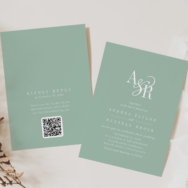 ANDREA Sage Green QR Code Classic Elegant Wedding Einladung (ANDREA Sage Green QR Code Classic Elegant Wedding Invitation)