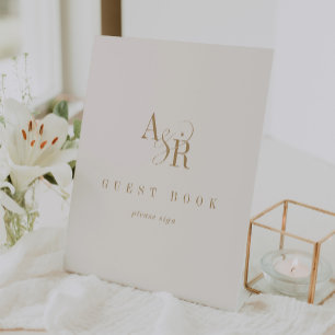 ANDREA Simple Gold Cream Wedding Guest Book Sign Sockelschild