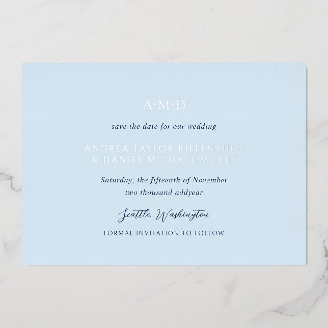 Andrea Sky Blue Elegant Wedding Save the Date Folieneinladung (Vorderseite)