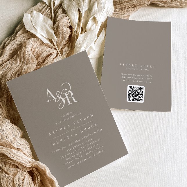 ANDREA Taupe QR Code Classic Elegant Wedding Einladung (ANDREA Taupe QR Code Classic Elegant Wedding Invitation)