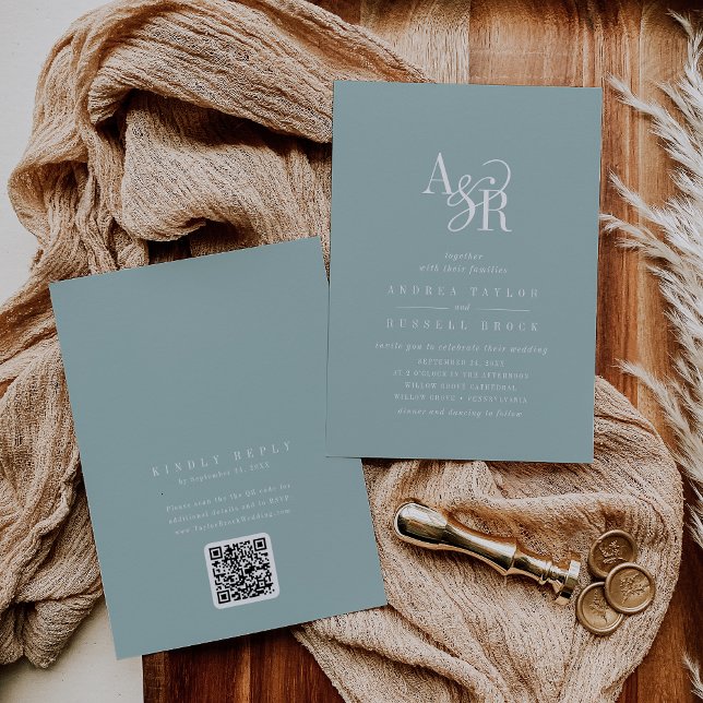 ANDREA Teal Blue QR Code Classic Elegant Wedding Einladung (ANDREA Teal Blue QR Code Classic Elegant Wedding Invitation)