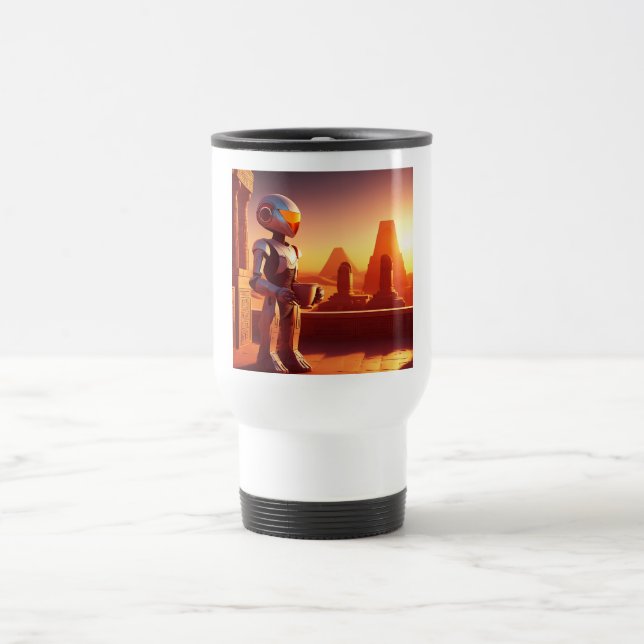 Android Drinking Coffee Looking At Pyramids Reisebecher (Mittel)