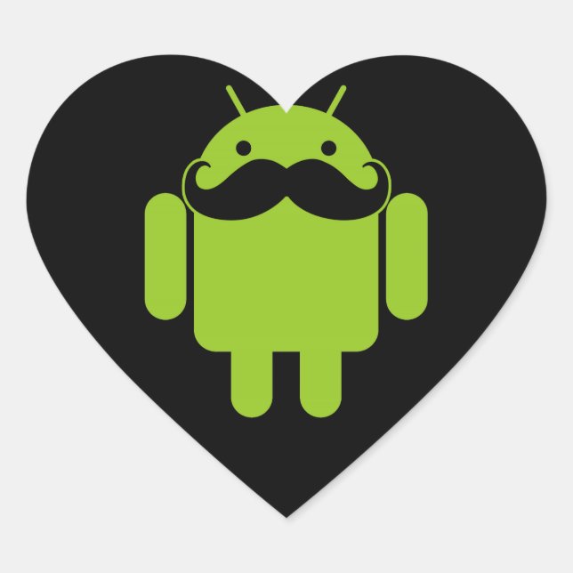 Android Robot Icon Mustache auf schwarz Herz-Aufkleber (Vorderseite)