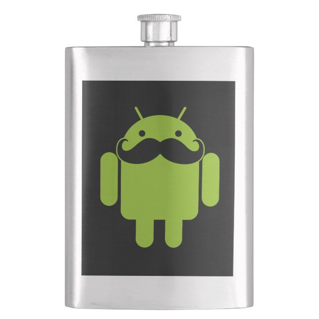 Android Robot Mustache Style auf schwarz Flachmann (Vorderseite)
