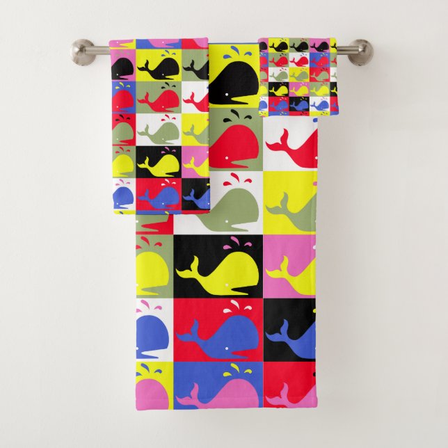 Andy Whale-Hole™ pattern_colorful whales_parody Badhandtuch Set (Insitu)