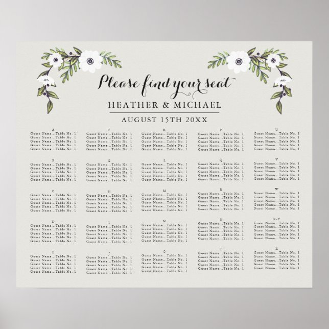 Anemone bemalt - Alphabetische Sitzkarte Poster (Vorne)