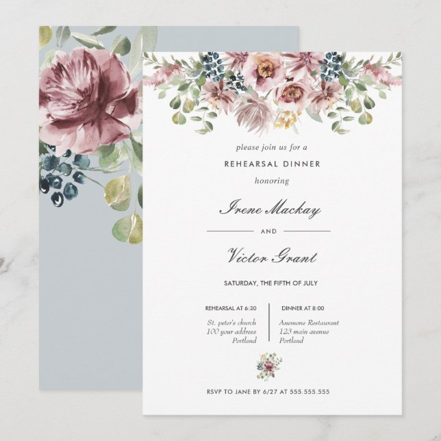 Anemone Blue Gray Botanische Probe Abendessen Einladung (Vorne/Hinten)