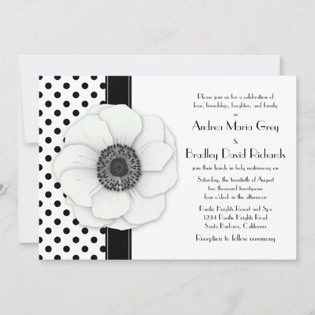 Anemone Blume Schwarz-weiß Polka Dot Wedding Einladung (Vorderseite)