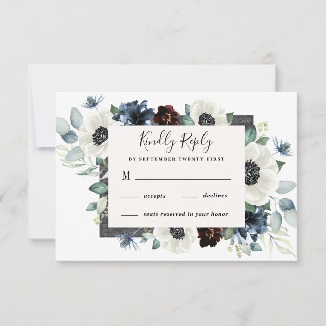 Anemone Dusty Blue Thistle Burgundy Floral Wedding RSVP Karte (Vorderseite)