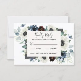 Anemone Dusty Blue Thistle Burgundy Floral Wedding RSVP Karte