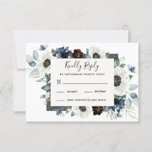 Anemone Dusty Blue Thistle Burgundy Floral Wedding RSVP Karte