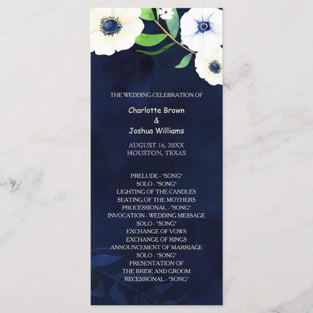 Anemone Floral Navy Blue Wedding Programm (Vorderseite)