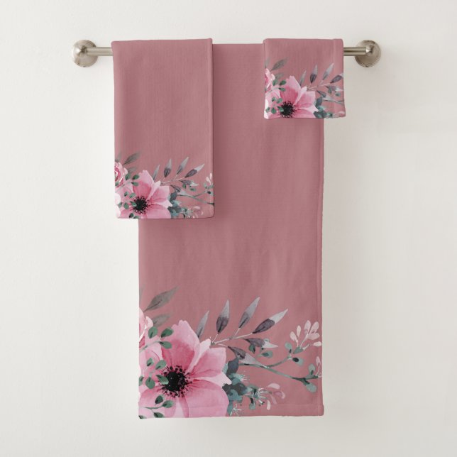 Anemone Foliage auf rosa Hintergrund Badhandtuch Set (Insitu)