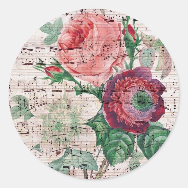 Anemone Music Shabby Chic Runder Aufkleber (Vorderseite)