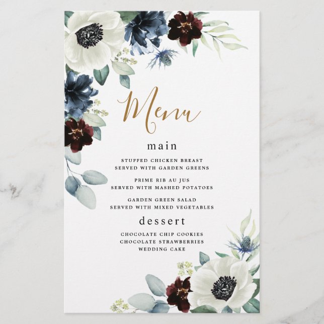 Anemone Navy Blue Burgundy Boho Wedding Menu Cards (Vorderseite)