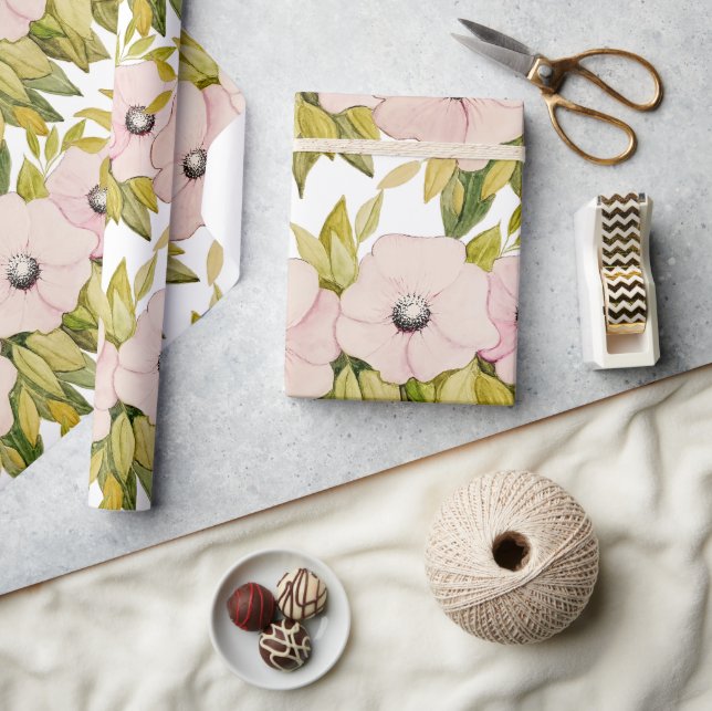 Anemone Soft Pink Blume Wasserfarben Handgemalt Geschenkpapier (Kunsthandwerk)