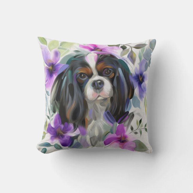 'Anemone' Tricolor cavalier dog art pilz Kissen (Vorderseite)