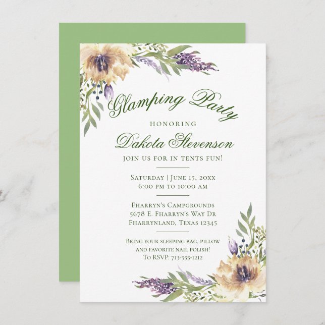 Anemone und Lavender | Blumengrün Glamping Einladung (Vorne/Hinten)