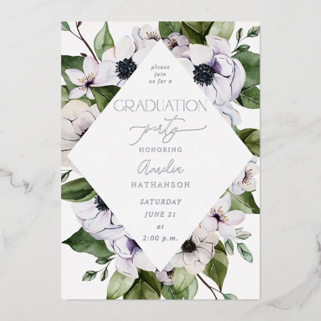 Anemone White Floral Graduation Party Folieneinladung