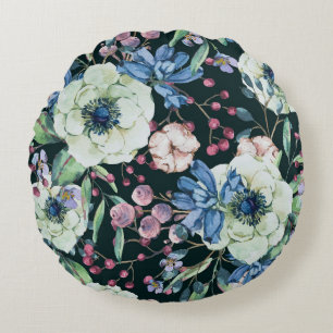 Anemone-Wildblumen: Vintages Wasserfarbmuster Rundes Kissen