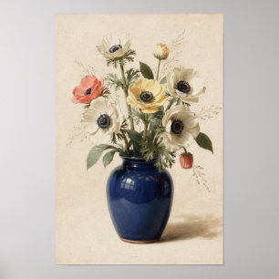 Anemonen in einem Kobaltvasen-Blumenposter Poster