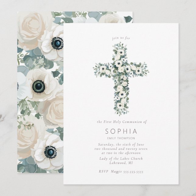 Anemonen und Eukalyptus-Kreuz Erste Heilige Kommun Einladung (Vorne/Hinten)