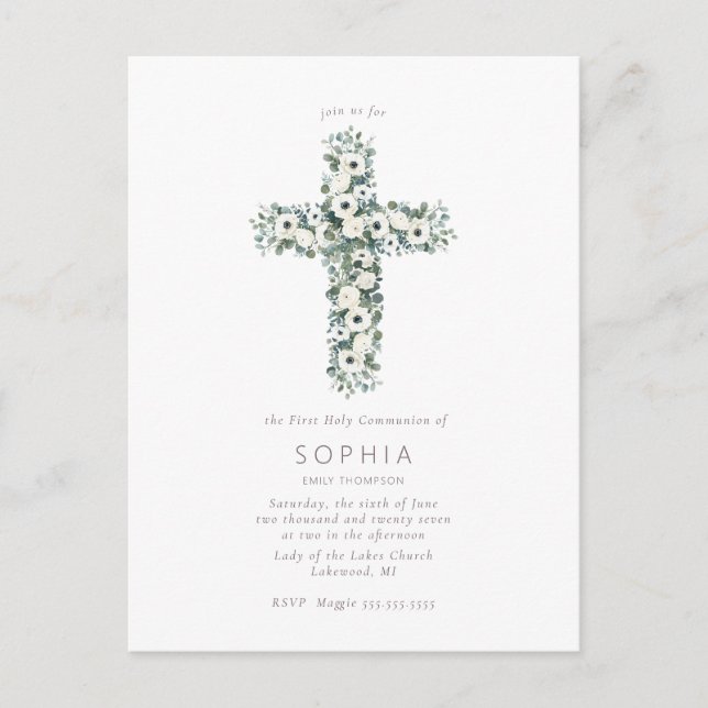 Anemonen und Eukalyptus-Kreuz Erste Heilige Kommun Postkarte (Vorderseite)