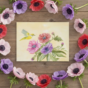 Anemonen und Gelber Tangare Wasserfarben Postkarte