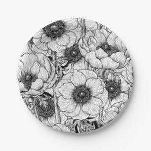 Anemonengarten in Schwarzweiß Pappteller