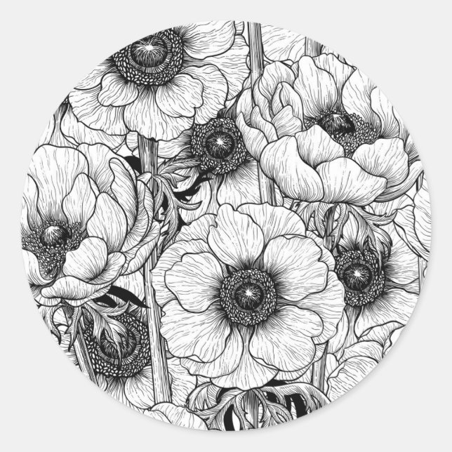 Anemonengarten in Schwarzweiß Runder Aufkleber (Vorderseite)