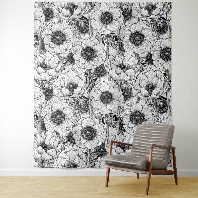 Anemonengarten in Schwarzweiß Wandteppich (Beispiel)