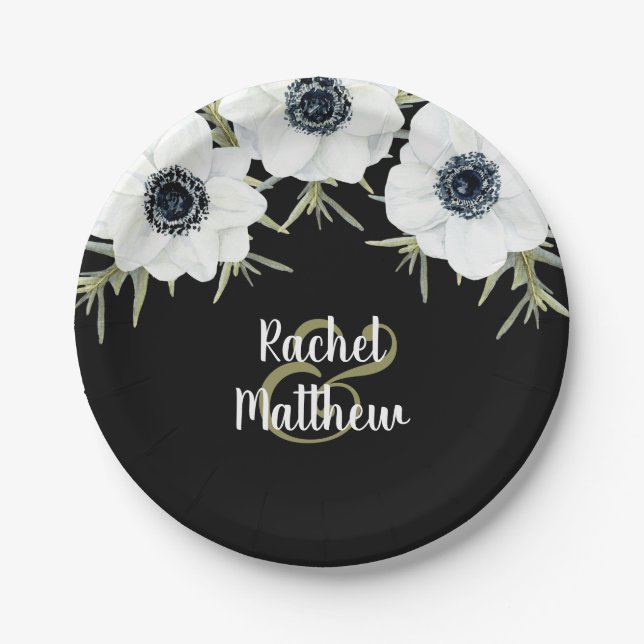 Anemones Black and White Floral Wedding Pappteller (Vorderseite)