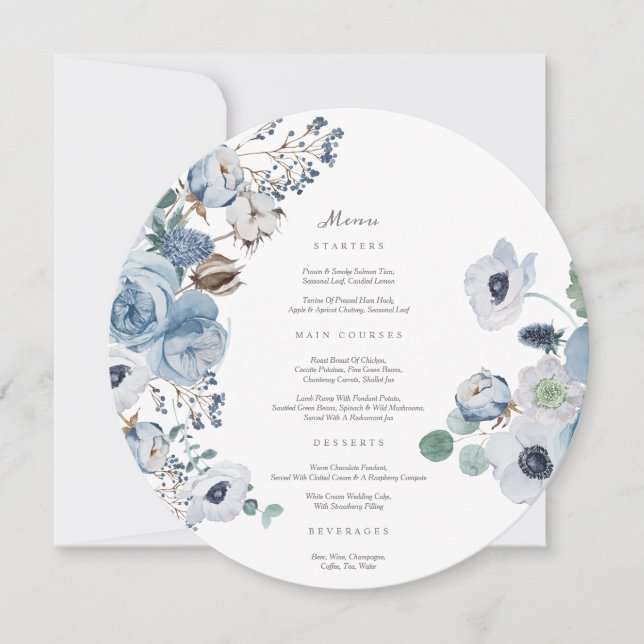 Anemones Circle Menu Card für Misty Blues Rose Einladung (Vorderseite)