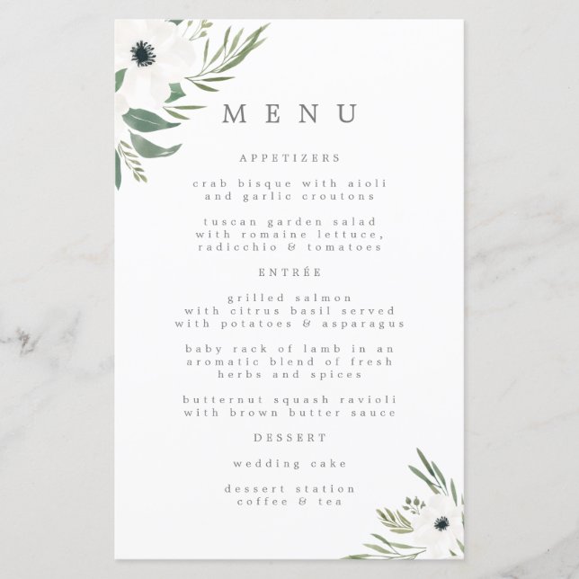 Anemones Sage & Dusty Eukalyptus Wedding Menu (Vorderseite)