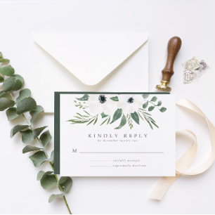Anemones Sage & Dusty Green Eucalyptus Wedding RSVP Karte