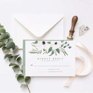 Anemones Sage & Dusty Green Eucalyptus Wedding RSVP Karte