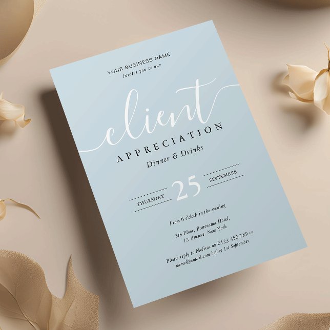 Anerkennungsereignis für Dusty Blue Chic-Mitarbeit Einladung (Business appreciation event invitations in dusty blue and white with fully editable text and colors)