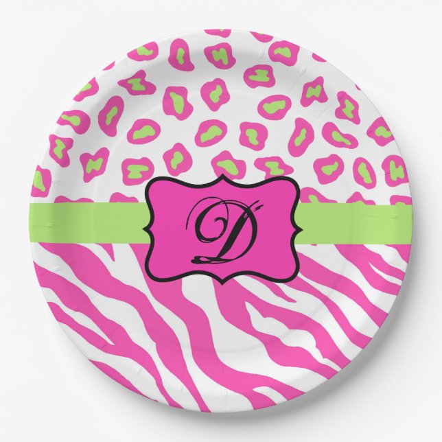 Anfänglich rosa Zebra Leopard Hautmonogramm Pappteller (Vorderseite)
