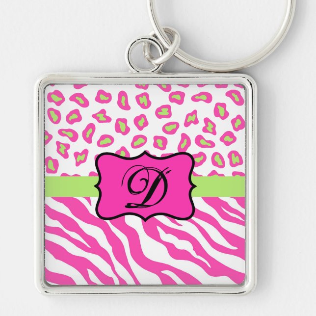 Anfänglich rosa Zebra Leopard Hautmonogramm Schlüsselanhänger (Vorne)