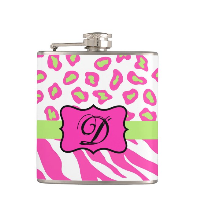 Anfänglich rosa Zebra-Leopard-Monogramm Flachmann (Vorderseite)