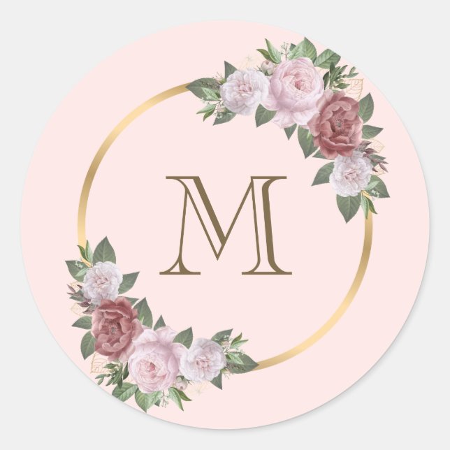 Anfängliche Blush Pink Gold Floral Monogram Runder Aufkleber (Vorderseite)