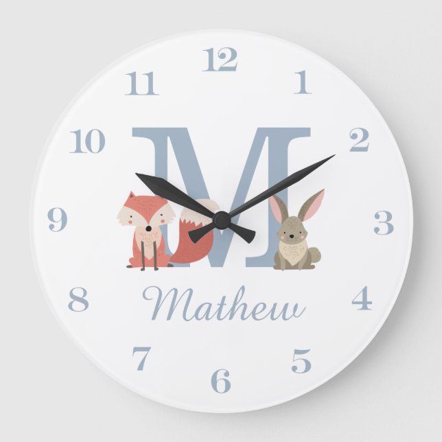 Anfängliche Monogramm für Woodland Animals Blue Ba Große Wanduhr (Vorderseite)