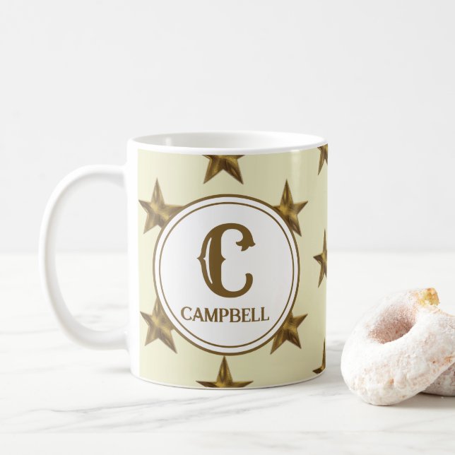 Anfängliche Western-Gelbe Gold-Star-Monogramm Kaffeetasse (Mit Donut)