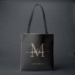 Anfänglicher Name des modernen schwarzen Monogram-<br><div class="desc">Modernes Black Gold Monogram Eleganter Script Name Initial Tote Bag</div>