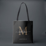 Anfänglicher Name des modernen schwarzen Monogram-<br><div class="desc">Modernes Black Gold Monogram Eleganter Script Name Initial Tote Bag</div>