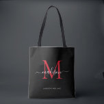 Anfänglicher Name des roten Monogram-Skripts für d<br><div class="desc">Modernes Schwarzes Burgundy Rotes Monogramm Eleganter Skriptname Initial Tote Bag</div>