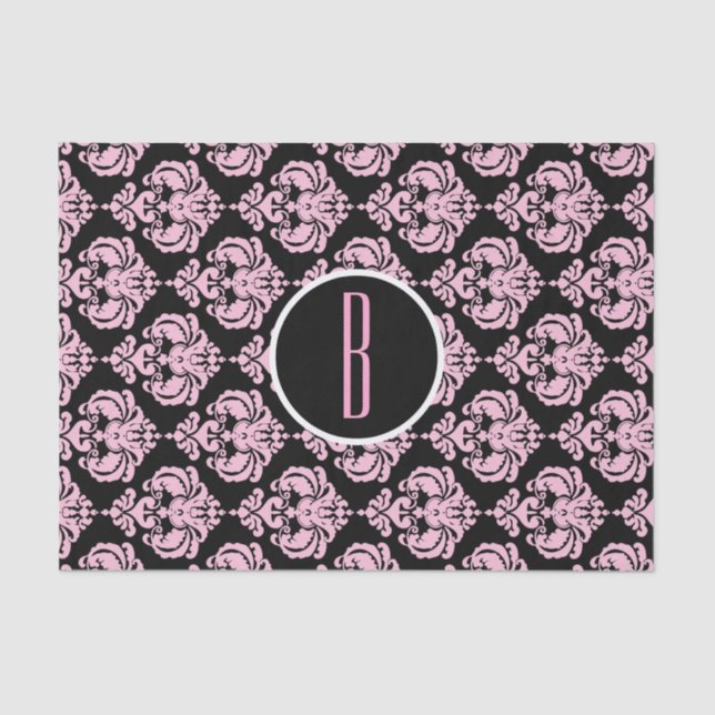 Anfänglicher Schwarz-Rosa-Glam-Damask Monogramm-Bu Seidenpapier (Vorderseite)