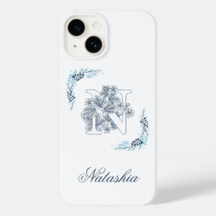 Anfängliches "N" Blaues Monogramm Ruhige Blumen Case-Mate iPhone 14 Hülle